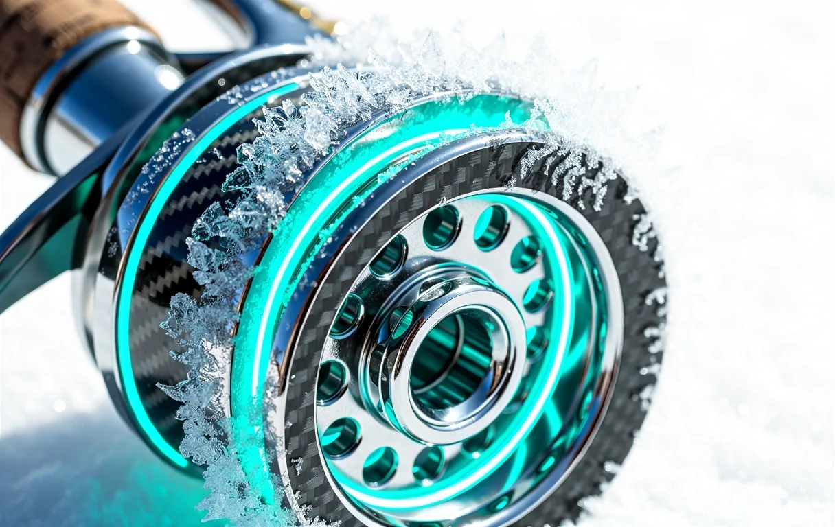 Close-up of frozen high-tech fishing equipment