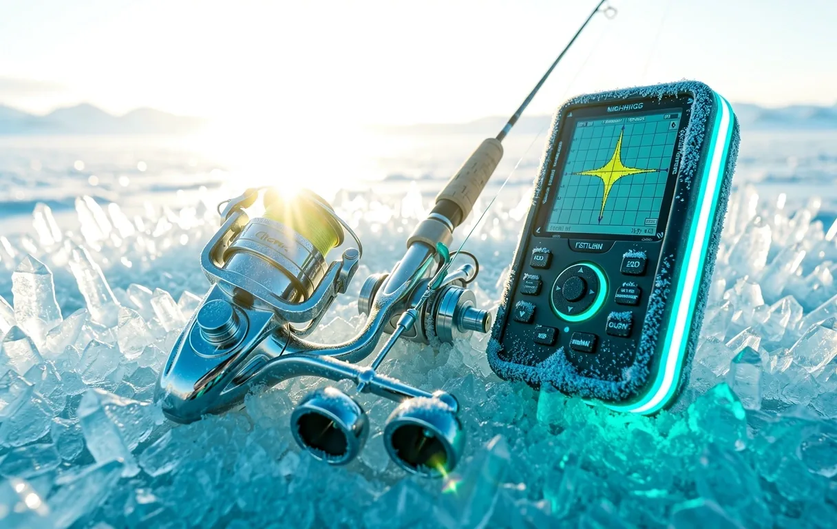 Arctic fishing equipment on frozen ice